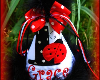 Ladybug Birthday Hat, Ladybug First Birthday (Any Number) You Choose Colors, by Gingham Bunny Embroidery