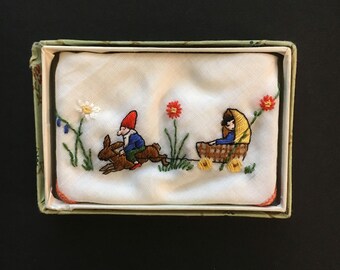 Vtg Child's Embroidered Hanky - Gnome Riding A Rabbit - In Original Box - Switzerland