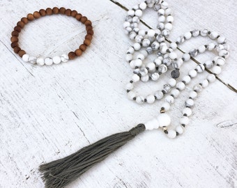 I AM PATIENT Mala, Knotted gemstone Mala Necklace Matte Howlite, Guru bead. Meditation 108 Japa Mala Yoga Jewelry. Tassel necklace