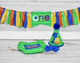 Little Monster Lime Green Blue Orange Yellow Cake Smash Outfit - Little Guy Tie, Diaper Cover, Hat - Banner Sold SEPARATELY