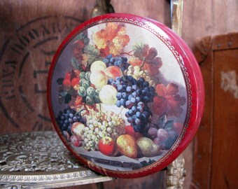 Vintage Tin, Floral Tin, Fruit Tin, Collectible Tin, Decorative Tin, Mid Century Decor, 1960s Tin, Round Tin, Candy Tin, Toffee Tin, Sweets