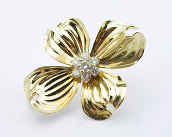 Vintage 18K Yellow Gold Diamond Dogwood Brooch