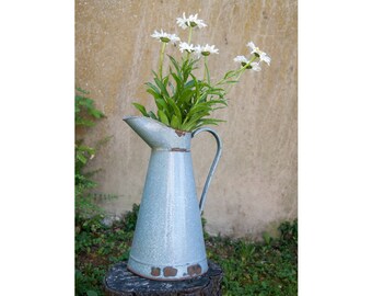 Water pitcher - French enamel pitcher - Shabby chic vase - Enamel jug - Antique pitcher - Blue pitcher - Vintage vase - Rustic pitcher