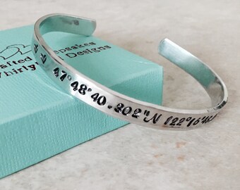 Sale! Personalized cuff bracelets with coordinates hand stamped jewelry longitude and latitude location military deployment college