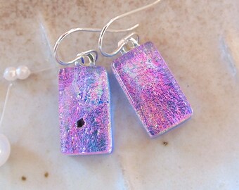 Pink Earrings, Blue, Petite, Dichroic Glass Earrings, Fused Glass Jewelry, Dangle, A12