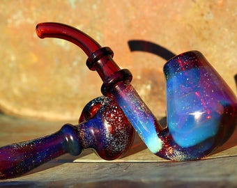 Aurora Borealis SET amber purple glass smoking pipe -Sherlock & Handpipe by Sarita Glass