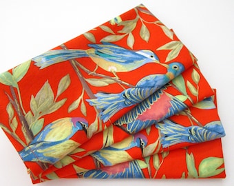 Napkins - Cloth Napkins - Set of 4 - Red Blue Green Metallic Gold Birds - Large Dinner Table Napkins - Wedding and Everyday - Cotton Napkins