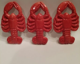 Three ceramic LOBSTERS Kiln Fired hand made hand painted mosaic tiles / embellishments