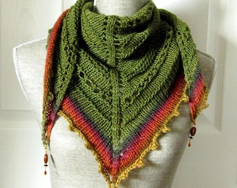 SALE - Handknit Women Triangle Scarf Shawl Style Neckwrap with Bead Dangles - Forest Green and Brick Red
