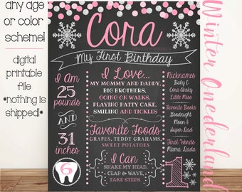 First Birthday Pink, and Silver Winter ONEderland Snowflakes Chalkboard like Poster - Printable/Digital File {Any Age or Colors}
