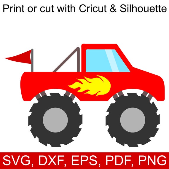 Red Monster Truck SVG File with Flames and Flag Monster Truck