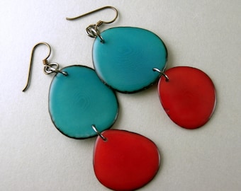Turquoise and Red Tagua Nut Eco Friendly Earrings with Free USA Shipping #taguanut #ecofriendlyjewelry