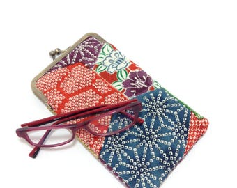 Geometric eye glass case/ Smartphone case /Vintage Japanese Kimono fabric case /Sun glass case / Hand-made/10