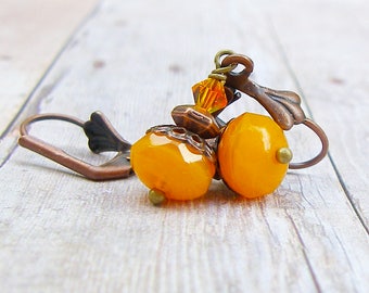 Pumpkin Orange - vintage style antique copper earrings