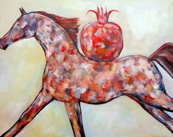 BROWN HORSE RUNNING oil on canvas bright original painting modern artwork by Elisaveta Sivas