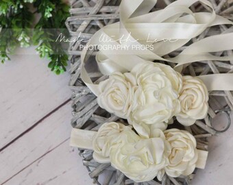 Layered Satin Flowers Sash, Ivory Satin Sash, Sash and Headband, Flower Girl Sash, Girl Sash Belt, Bridal Sash, Bridesmaid Sash Wedding Sash