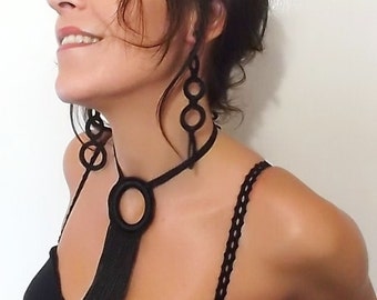 Fringe Necklace, Black Choker, Crochet Necklace, Knitted Necklace, Textile Necklace, Long Necklace, Black Necklace, Tassel Necklace