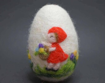 needle felted wool easter egg with red riding hood motif