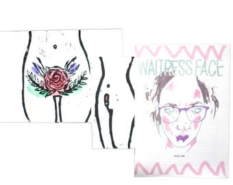 SOLD OUT Zine & Print Bundle: Copy of WaitressFace Issue 1 + Self Love Belly Hand Finished Linocut Print + Tampon Print Multipack Discount