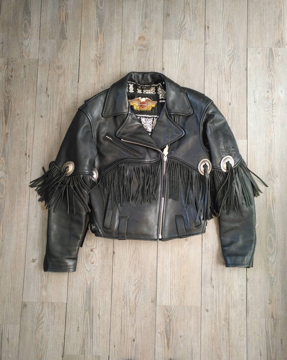 Vintage 80s Las Harley Davidson Leather Tassel Biker Jacket