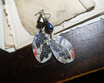 Rustic Tin & Glass Earrings - Unusual Assemblage Earrings - Big Vintage Tin Drops - Iridescent Dark Purple Glass Drop Beads on Steel Wire