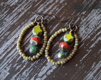 Unlisted - Earthy Hoop Earrings - Hoops - Beaded Dangle Earrings - Boho - Rustic - Bead Soup Jewelry