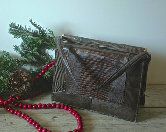 Classic Vintage Brown Faux Alligator Handled Hand Bag
