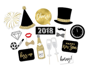 New Years Eve Photo Booth Props - New Year's Props - New Year's Photo Booth - 2018 New Year's - Black Gold Photo Props - NYE Party - Wedding
