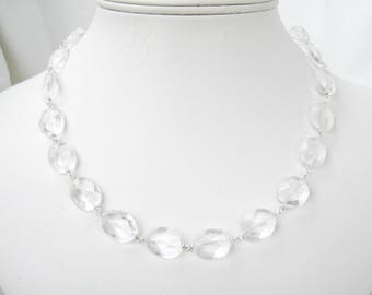 Clear Glass Necklace, Sterling Silver Link Necklace, Faceted Clear Oval Beaded Jewelry, Simple Formal 19 Inch Necklace, Handmade, Louisa