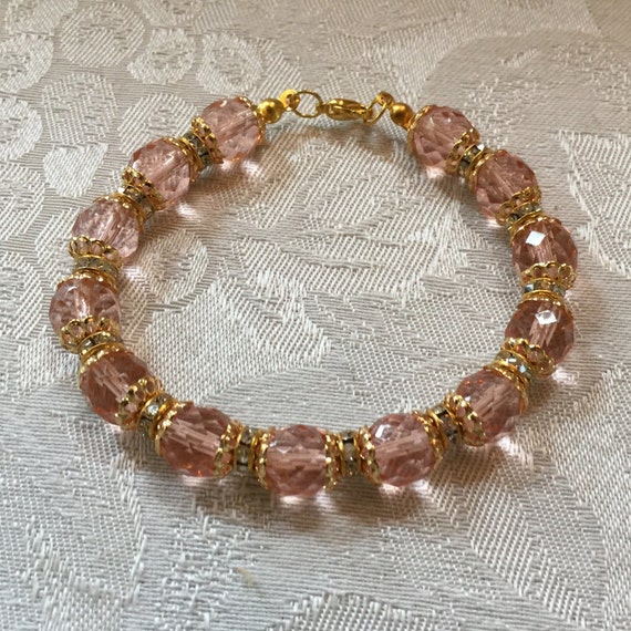 Pink Crystal And Rhinestone Beaded Gold Tone Bracelet