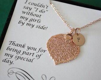 Bridesmaid Necklace Leaf Personalized, Bridesmaid Gift, Real Leaf Necklace,Initial Rose Gold Filled Charm