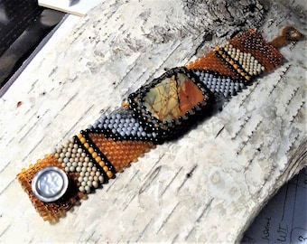 Jewelry - Free Form Peyote Stitch Beaded Bracelet - Bead Weaving - Red Creek Jasper Cabochon - BOHO