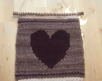 Handwoven wool heart tapestry purple