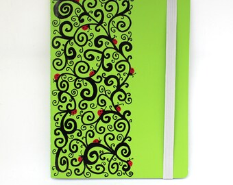 Hand drawn, Green, swirls, ladybug Journal, Notebook, Sketch Book, blank paper, 7.75 x 6", 50 pages