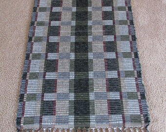 Handwoven Rag Rug in black/maroon/tan/sage