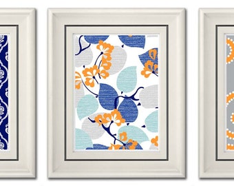 Set of Three Modern Orange/Dark Blue Wall Art - 8x11 Print Set - Home Decor (Unframed)