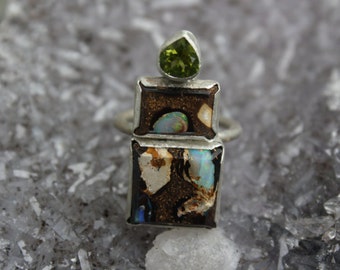 Size 7 Australian Boulder Opal And Peridot Sterling Silver Ring