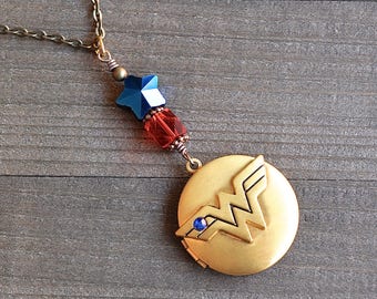 Wonder Woman Gold Locket Necklace Superhero Comic Charm Blue Star & Red Glass Bead Justice League Fans Megacon Comic Book Lover Pendant