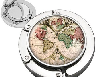 Antique World Map Foldable Purse Hook Bag Hanger With Lipstick Compact Mirror
