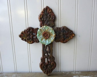8 inch metal cross faux rust verdigris heart wall hanging rustic cast iron cross vintage style Christian decor 6th anniversary gift LR10