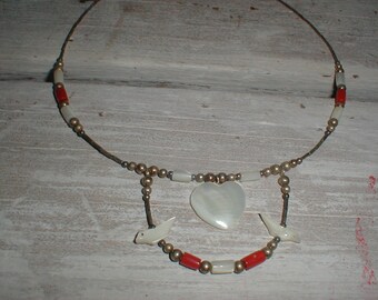 Native American Fetish Necklace *Mother Of Pearl Heart*Carved Birds* Unique!
