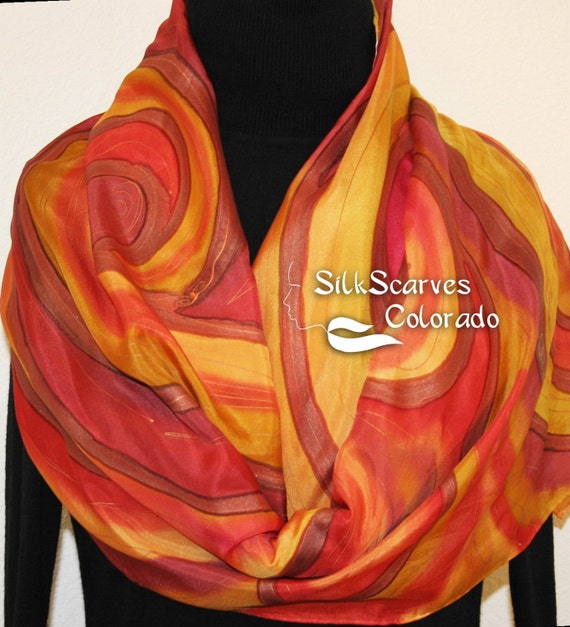 Hand Painted Silk Scarf DANCING FLAMES. Scarf in Golden