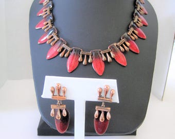 Matisse Necklace Set, Red Enamel on Copper, 50's Renoir Matisse Necklace Earrings