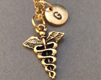 Caduceus necklace, caduceus charm, medical necklace, personalized necklace, initial necklace, initial charm, monogram, nursing charm