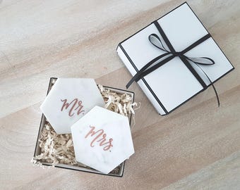 Personalized Coasters, HEXAGON MARBLE COASTERS for Bride and Groom - Handlettered, calligraphy coaster (set of 2)