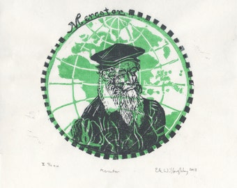 Mercator the Map Maker Linocut - History of Science, Cartography, Geography, Lino Block Print Portrait with Map of Gerardus Mercator
