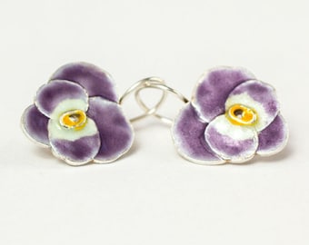 Pansy Earrings , Silver Enamel Earrings , Spring Flower Earrings, Botanical Jewelry, Purple Flower Earrings .