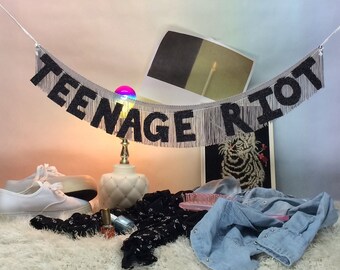Teenage Riot Glittering Fringe Banner | fringe wall hanging, daydream nation, photo prop banner, party banner, birthday banner, sonic youth