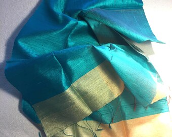 Aqua silk scarf gold silk scarf pure silk scarf turquoise silk scarf 100% pure silk scarf silk head scarf aqua silk shawl handwoven scarf