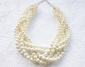 Chunky Pearl Necklace, Pearl Statement Necklace, Ivory Pearl Necklace, Braided Pearl Necklace, Bridal Necklace